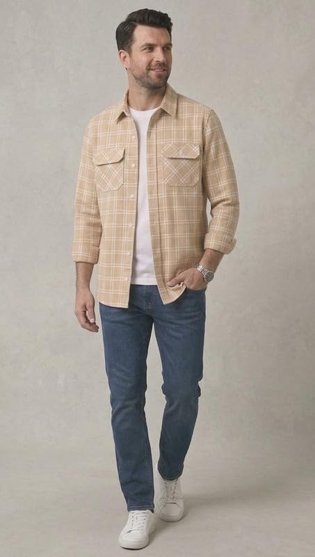 Image of DEELMO Men's Stylish Cotton Blend Casual Chakes Shirt || Full Sleeve Shirt with Dual Flap Pockets Fabric || Perfect for Casual and Classic Fit & Style || Stylish Everyday Wear