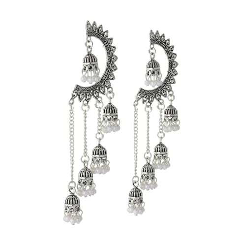 Image of WORLD CRAZE Multicolour long kashmiri jhumka for women chandbali earrings chand baliyan | kashmiri earrings for women | bahubali earrings stylish | Traditional Indian Festive Jewelry | Long Chain Tassels | Pearl Drop Latkan Jewellery (Multi colour)