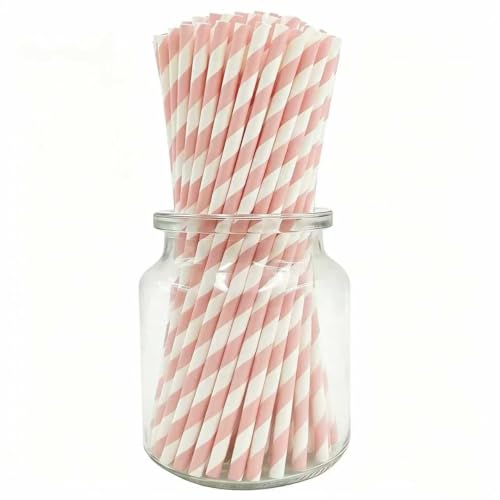 Pitillos de papel rayados rosa y blanco, pack 100 biodegradables miniatura 1