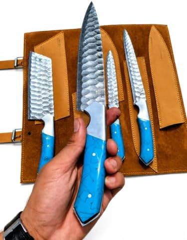 5-Piece Handmade Damascus Kitchen Knife chef Set with Blue Resin Handles. Personalized best gift for chef's. Kitchenhold item. Best gift for her. - 2