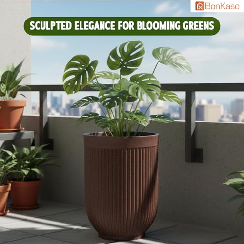 Image of Bonkaso 24 Inch Burj Khalifa Ribbed Planter for Indoor & Outdoor Use | Round Heavy Duty Polymer Flower Pot | Lightweight Weather Resistant Modern Gamla for Living Room Balcony & Terrace (Brown)