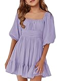 Girls Summer Dresses Square Neck Lantern Sleeve Tie Backless Ruffle A-Line Party Mini Dress Purple