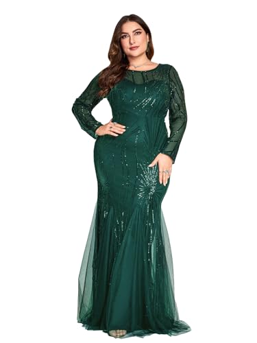 Image of Plus Size Long Sleeve Sequin Evening Dress Glitter Mermaid Long Gown for Mother of The Bride Or Wedding Guest