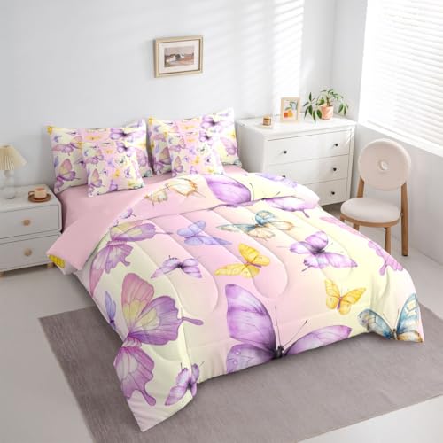 Image of Purple Yellow Butterflies 7 Pcs Bedding Set Full,Colorful Garden Wildlife Bed in a Bag,Rustic Farmhouse Bed Set Includes Comforter,Sheet Set,Pillowcases & Pillow Covers,Modern Aesthetic Bedroom Decor