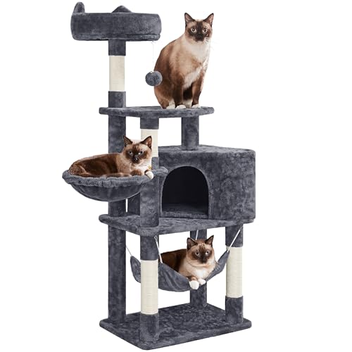 Yaheetech 54.5in Cat Tree, Multi-Level Cat Tree Tower, w/Full Surrounding Top Perch, Cozy Hammock, Large Condo, Sisal Scratching Posts, Fuzzy Ball, Stable Cat Playground for Indoor Cats, Dark Gray