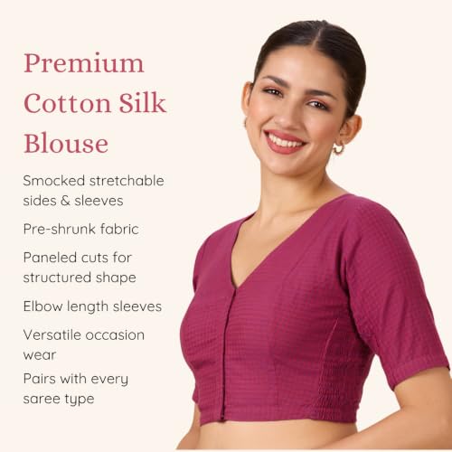 Image of Studio Shringaar Women Cotton Half Sleeve Madras Checks Saree Blouse with Stretchable Sides