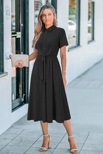 Image of Newshows Women's Work Business Casual Outfits Tie Waist Midi Shirt Dress | Lightweight & Breathable Easy-care Fabric, Side Pockets, Decent Professional Attire, Church Office Funeral Outfits