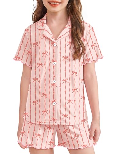 Arshiner Girls Pajamas Button Down Short Set Cute Pjs Soft Sleepwear Loungewear Pink Striped Bow 5-6 Years
