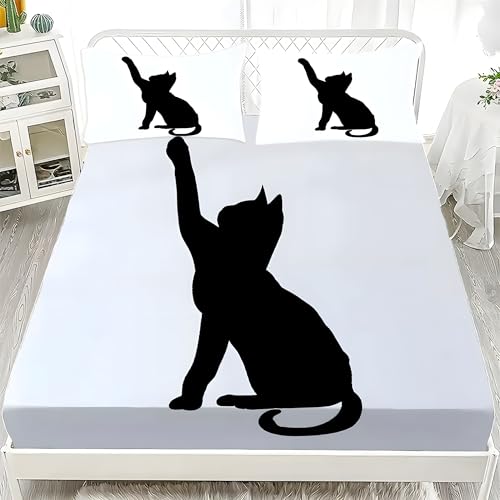 Sabana Bajera 135x190 Gato Negro Sabanas Bajeras Estampadas Animales Sábana Bajera Ajustable Suaves, Elastico Funda Colchon con 2 Funda Almohada 50x80 cm, para Colchón de 30cm de Altura