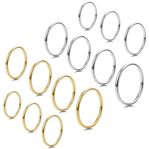MILACOLATO Silver Plated and Gold Plated Rings for Women | 1mm Thin Stainless Steel Bands Rings | Midi Thumb Pinky Toe Stacking Kunckle Rings 7Pcs | Rounded Comfort-Fit Size 3/4/5/6/7/8/9