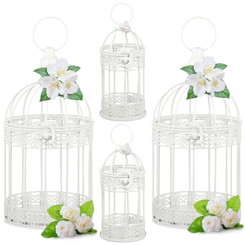 Sliner Portavelas decorativo de jaula de pájaros, 4 piezas, portavelas vintage, faroles de jaula de madera, modelo de base para mesa moderna, decoración del hogar (blanco, elegante)