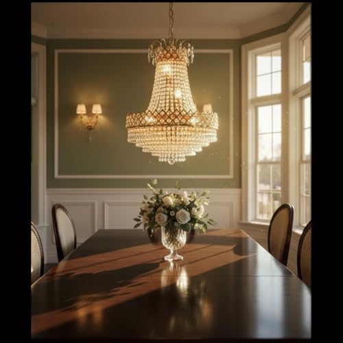 Image of DREAMY DESIGNS Round Shape Italian Golden Chandelier for Living Room with S4 Diamond Cut White Crystal | Celling Hanging Big Size Jhumar for Hall, Office & Resort | Included E14 8 Bulb(48 * 48 * 98)