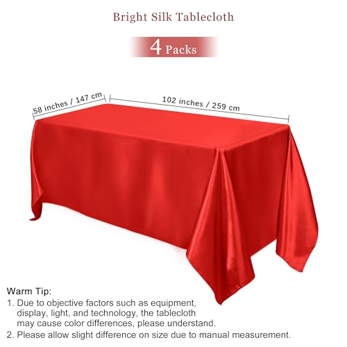 Image of TURSTIN 4 Pack Red Satin Tablecloth 102 x 58 Inch Overlay Table Cover
