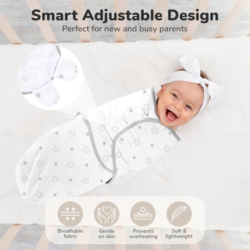Image of Baby Swaddle Blanket, Swaddle Wrap for Newborn and Infant, Adjustable Swaddle Set for Baby Boy and Girl, 3 Pack Soft Organic Cotton, Large (3-6 Months), Grey and White
