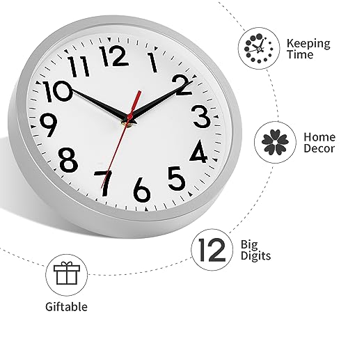 Image of DAXSMY Wall Clock Modern Battery Operated 10 Inch Simpel Silent Non Ticking Decorative for Kitchen Office Outdoor Bedroom Living Room School Classroom(Silver)