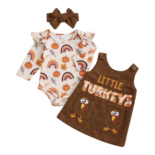 Image of Adobabirl My First Halloween Baby Girl Outfit Pumpkin Ruffle Long Sleeve Romper Overall Dress Headband Cute Fall Clothes
