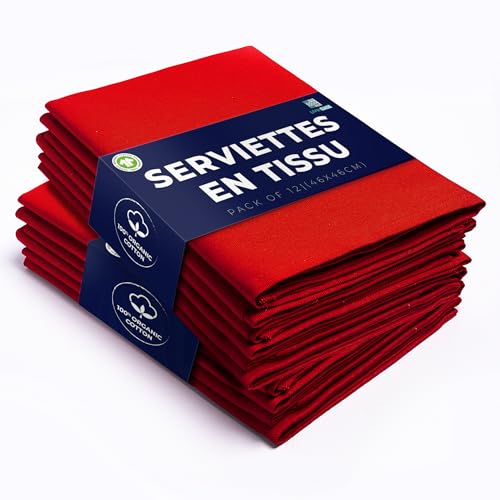 LivinEase Serviettes en Tissu en Coton - Lot de 12 Serviettes de Table Rouges - 100% Coton 46 x 46 cm Serviettes en Tissu surdimensionnées réutilisables...