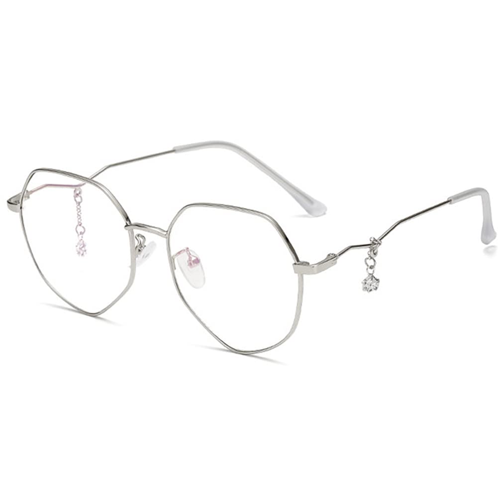 Modne Wielokątne Damskie Okulary Do Czytania, Okulary Do Czytania Z Filtrem Przeciw Niebieskiemu Światłu, Metalowa Ramka Z Wisiorkiem Ze Strasów/Silver/2.5 *