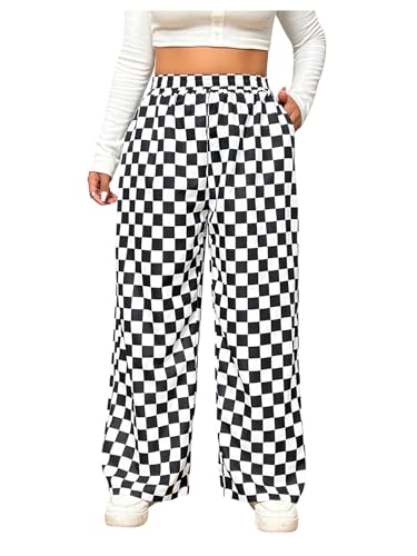 WDIRARA Women's Plus Size Checkered Baggy Pants High Waisted Wide Leg Trousers with Pockets Black and White 3X-Large Plus