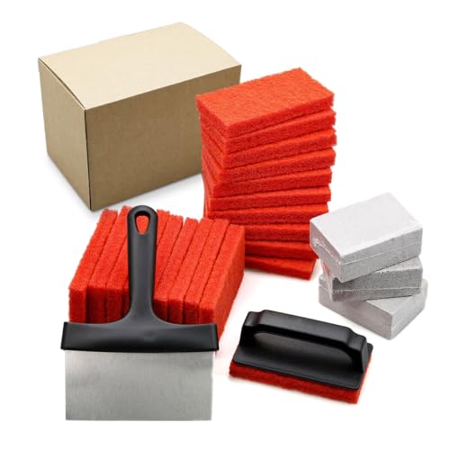 Pilipane Griddle Cleaning Kit, 25Pieces Flat Top Grill Accessories Cleaner Tool Set 1 Scraper, 3 Cleaning Brick, 20 Scouring Pads and 21Handles,Easy Cleaning on Hot or Cold Surfaces