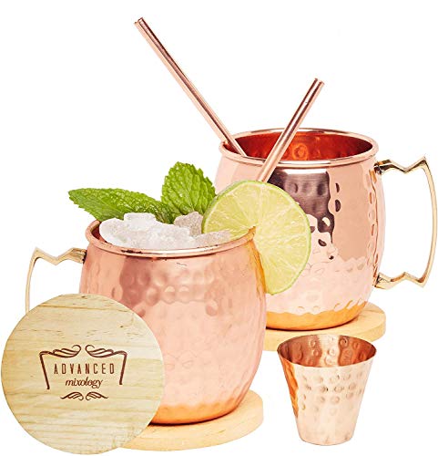 Advanced Mixology [Gift Set] Authentic Moscow Mule Mugs Set Of 2 (16Oz) | Solid Barrel 100% Copper Mugs Set W/ 2 Straws, 2 Wooden Coasters & 1 Shot Glass | Tarnish-Resistant Food Grade Lacquer Coat #TOP1
