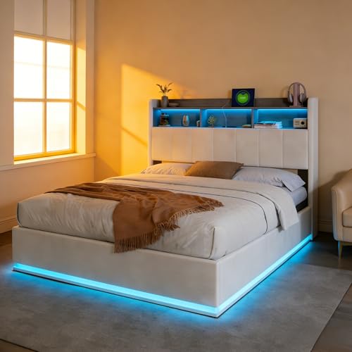 HYNHXBP Lit Coffre 140x200 avec Éclairage LED et Port USB, Lit Double Rembourré avec Tête de Lit, Rangement Intégré, Lampe de Rangement, pour Adultes et Adolescents, Velours,Blanc