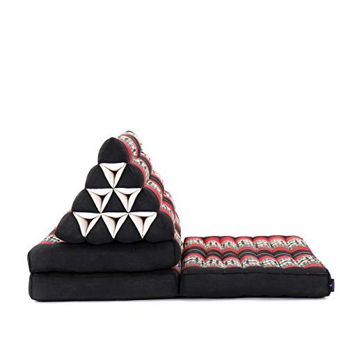 Leewadee Foldout Triangle Thai-Cushion Floor-Seat with Back-Rest TV Pillow Lounge-r Foldable Out-Door Mattress, 67x31x13 inches, Kapok, Black red - Thumbnail 7