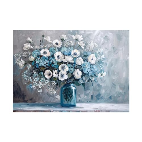 Tableau peinture florale bleue blanche WODJEM 60x80cm