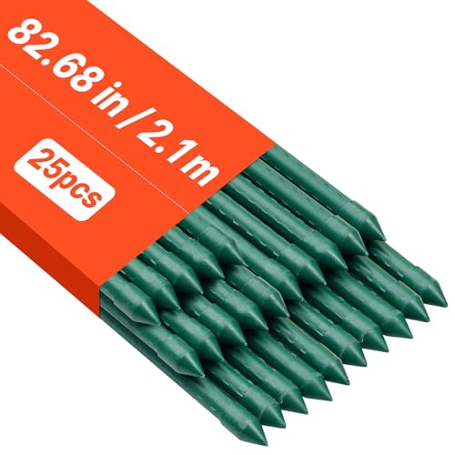 VEVOR Garden Stakes 25 Pack 82.68 inch Plastic Coated Metal Tomato Stakes Garden Sticks for Plants Support with Pointed End and Non-Slip Bumps for Growing Climbing Plants Outdoor Vegetables