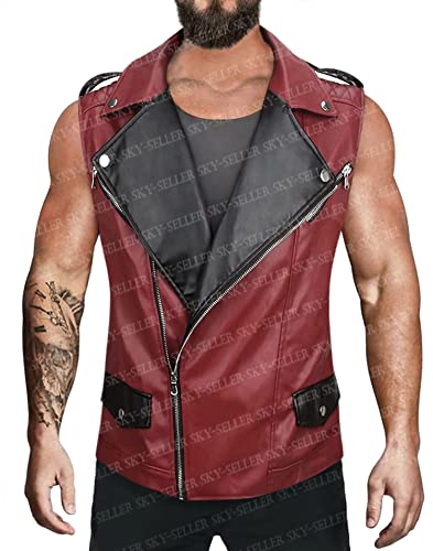 Mens Thunder Punk Rock Spikes Studded Red Leather Vest - Motorcycle Brando Biker Leather Jacket Faux/Real Sheepskin2