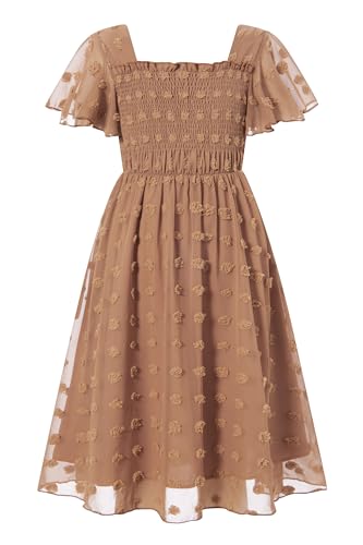 Kids4ever Girl Dress Lace Square Neck Chiffon Brown Girls Dresses with Solid Pom Poms Flutter Ruffle Short Sleeve Kids Frocks for Back to School Size 6-7