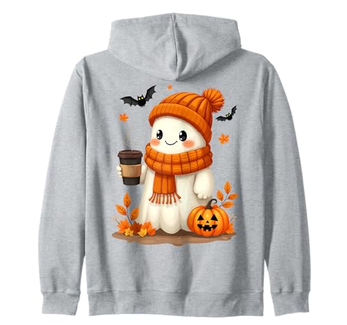 Fantasma lindo con una bebida de café Otoño Halloween Costume Boo Sudadera con Capucha
