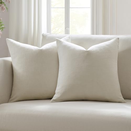 Meekio Set of 2 Ivory Pillow Covers 20 x 20 Inch Farmhouse Boho Decorative Throw Pillow Covers Linen Cushion Covers for Sofa Couch Décor