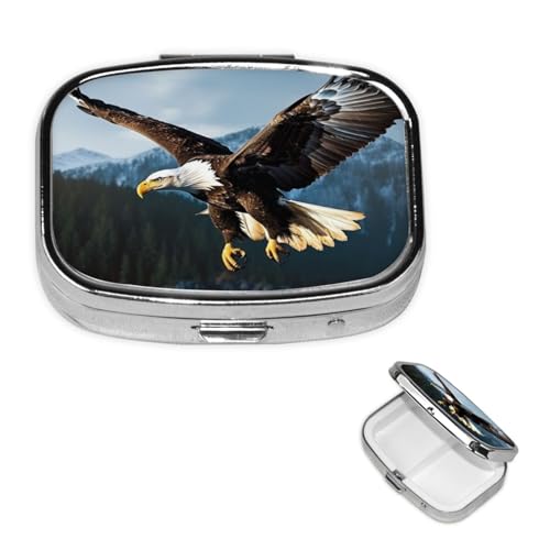 小さなピルケース 2つのコンパートメント Eagle at Hunting ピルボックス デイリーメタル ポータブルピルオーガナイザー ポケットパース 旅行ピルボックス ミラー付き スクエア 薬 ビタミンホルダー ユニークなギフト