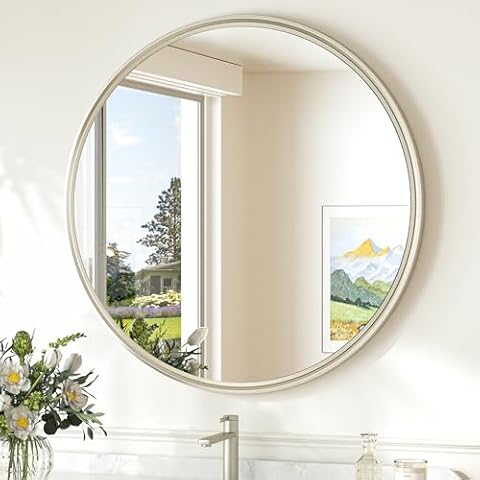 TokeShimi 24 Inch Circle Bathroom Mirror Brushed Nickel, Tempered Round Wall Mirror, Shatterproof 24x24 Hanging Wall Mirror Farmhouse for Bedroom, Entryway, Restroom, Vanity, Living Room Cover