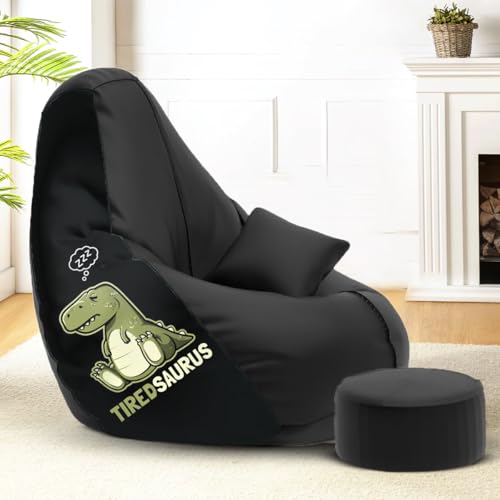Image of Amazon Brand - Solimo 4XL Premium Faux Leather Bean Bag, Filled with Beans | Capacity: Upto 6 Ft 5 in Height, 125 KG Weight | Bean Bag with Beans Filled for Home, Living Room | Tired Saurus Print
