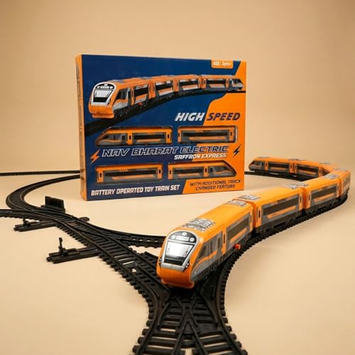 Image of Toy Train Vande Bharat Bullet Train Set for Kids - Big Size Battery Operated Electric Locomotive Toy with Interlocking Railway Tracks, Coaches, Track Changer - Nav Bharat Express Saffron