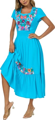Image of Women's Summer Maxi Dress Casual Floral Embroidered Round Neck Short Sleeve Ruffle Tiered Dress Flowy Boho Beach Sundress
