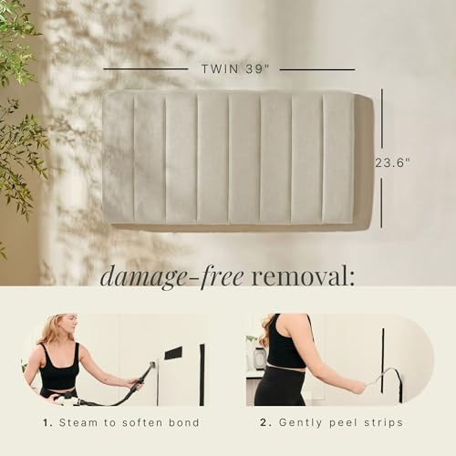 Image of Hearth & Harbor Wall Mounted Twin Headboard Only, Bed Headboard Twin Size | Easy Assemble, Floating Peel and Stick, Upholstered, Channel Stitched, 3D Wall Panels, 5 Strips of 3M Tape Included, Linen