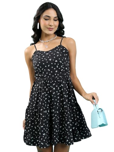 Tokyo Talkies Black Floral Printed Gathered Or Pleated Tiered Fit & Flare Dress