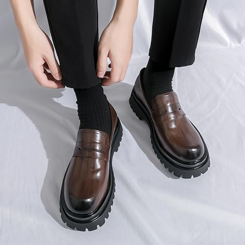 Men's Leather Platform Slip-On Loafers Round Top Chunky Heel Lug Sole Penny Dress Shoes Low Top Non-Slip Comfortable Work Business Shoes4