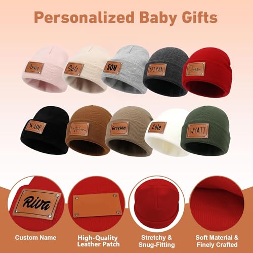 Personalized Toddler Beanie Hat - Custom Name Leather Patch Baby Knit Hats, Navy Blue Winter Knit Hats for Newborn Kid Adult4