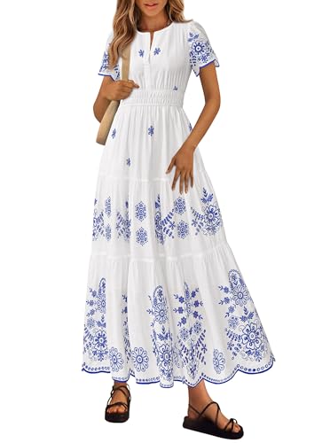 PRETTYGARDEN Summer Dresses for Women 2026 Floral Boho Maxi Spring Casual Short Sleeve V Neck Elastic Waist Dress Pockets (White Blue Flower Medium)