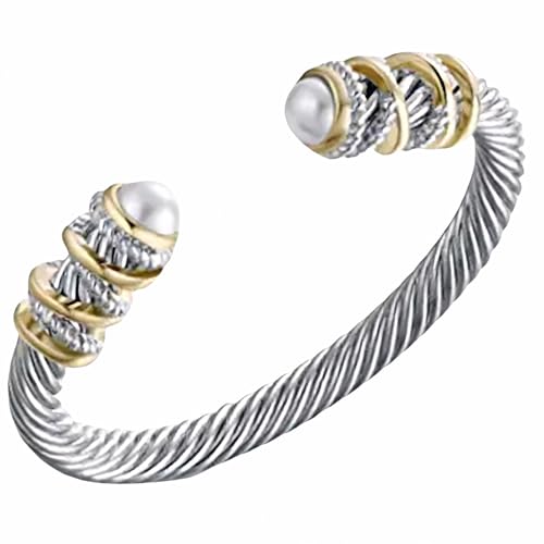 Hiiooweiyi Stainless Steel Twisted Cable Wire Bracelet Twisted Cable Bracelet with Composite Shell Pearl 6 Antique Cuff Bracelets Adjustable Open Cuff Bangle Bracelet for Women - Silver and Gold