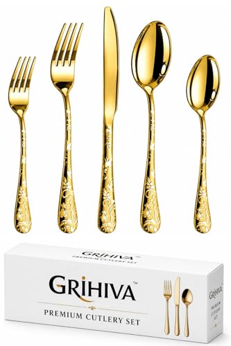 Image of 5 Pcs Gold Floaral Stainless Steel Cutlery Set for Dining Table with Spoon and Fork Set & Butterknife - The Perfect Tableware /Flatware
