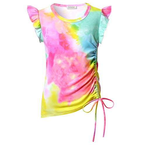 Image of Perfashion Girls Flutter /Long Sleeve Cotton T-Shirts Side Drawstring Tunic Blouse Round Neck Casual Tops for 4-13Years