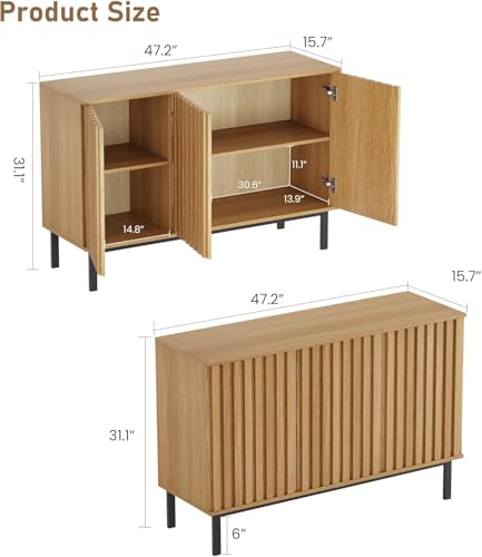 Image of Garvee 47.2 Inch Sideboard Buffet Cabinet with Fluted Doors, Modern Wood Storage Cabinet with Adjustable Shelf, Freestanding Coffee Bar for Dining Room Living Room