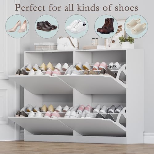 Image of BORNOON Shoe Cabinet with 4 Flip Drawers, Narrow Hidden Shoe Storage Cabinet, Slim Freestanding Shoe Rack Organizer for Entryway, Hallway, Bedroom, Living Room