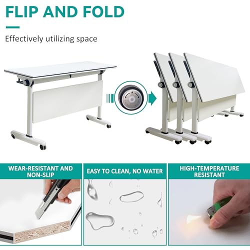 HSHBDDM Folding Conference Table with Flip Top, Mobile Rectangular Training Tables with Casters, with Strong Metal Frame, Suitable for Meeting Rooms, classrooms and Training Rooms