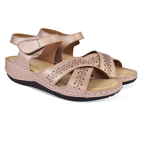 Image of XE Looks Women's Gold Casual Walking Sandals | Elegant Cross Strap with Perforated Detailing | Soft Cushioned Sole | Lightweight & Anti-Slip Design Walking Sandals For Girls & Women